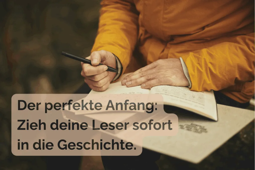 Beitragsbild mit der Aufschrift „Fessel deine Leser ab der ersten Zeile“ auf ruhigem, stilvollem Hintergrund. Thema: Tipps für starke Romananfänge.