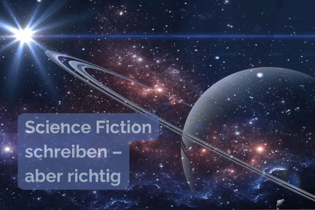 Beitragsbild mit einem Planeten, einem Ringsystem und funkelnden Sternen im Weltraum. Darauf der Text: „Science Fiction schreiben – aber richtig“.