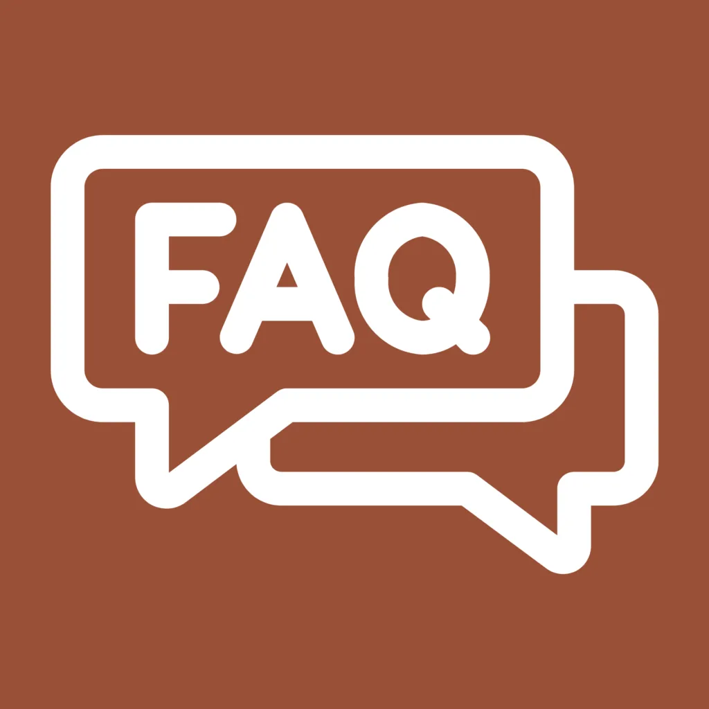Sprechblasen-Icon mit der Aufschrift „FAQ“ auf braunem Hintergrund