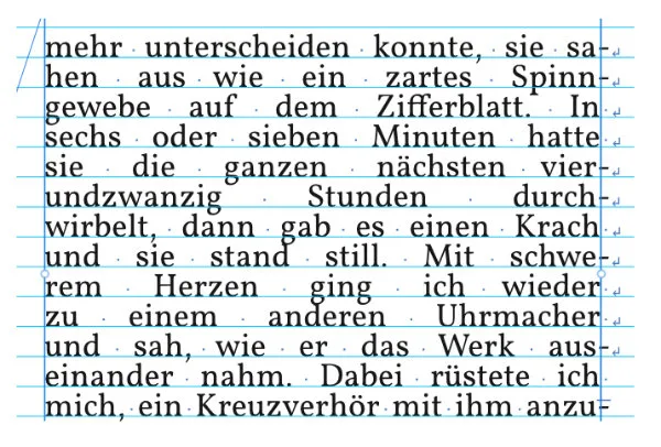 Beispiel für Gänge im Buchsatz: Mehrere weiße Lücken entstehen durch aufeinanderfolgende Silbentrennungen, die den Lesefluss unterbrechen.