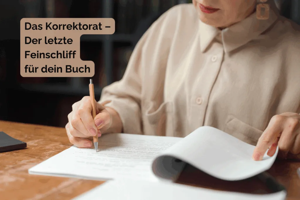 Frau sitzt an einem Holztisch und korrigiert konzentriert ein ausgedrucktes Manuskript mit einem Bleistift in der Hand.