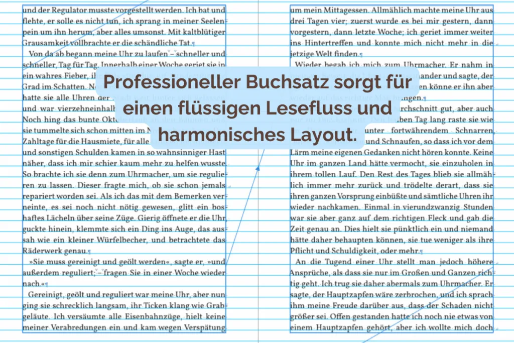 Nahaufnahme von zwei Textspalten eines Buchlayouts in einem Satzprogramm mit sichtbaren Umbruchlinien und Flusslinien.