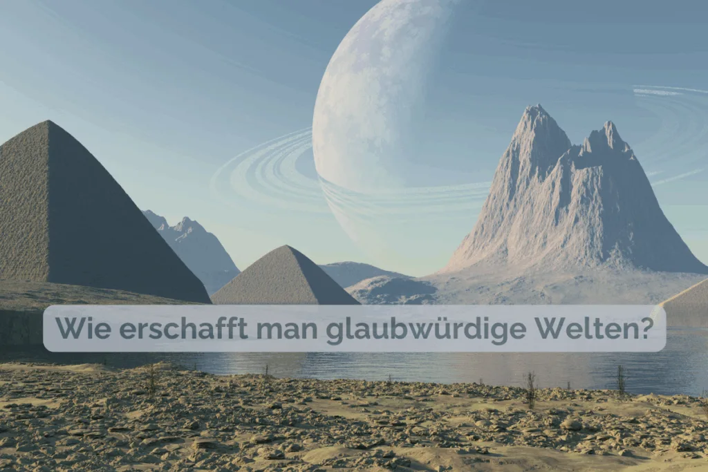 Science-Fiction-Landschaft mit Pyramiden, Bergen und einem Planeten mit Ringen am Himmel. Schriftzug: Wie erschafft man glaubwürdige Welten?
