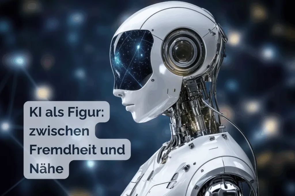 Futuristische Roboterfigur mit menschlichen Zügen, glänzendem weißen Metallkörper und einem Gesicht, das an einen Sternenhimmel erinnert. Symbolbild für künstliche Intelligenz als literarische Figur zwischen Fremdheit und Nähe.