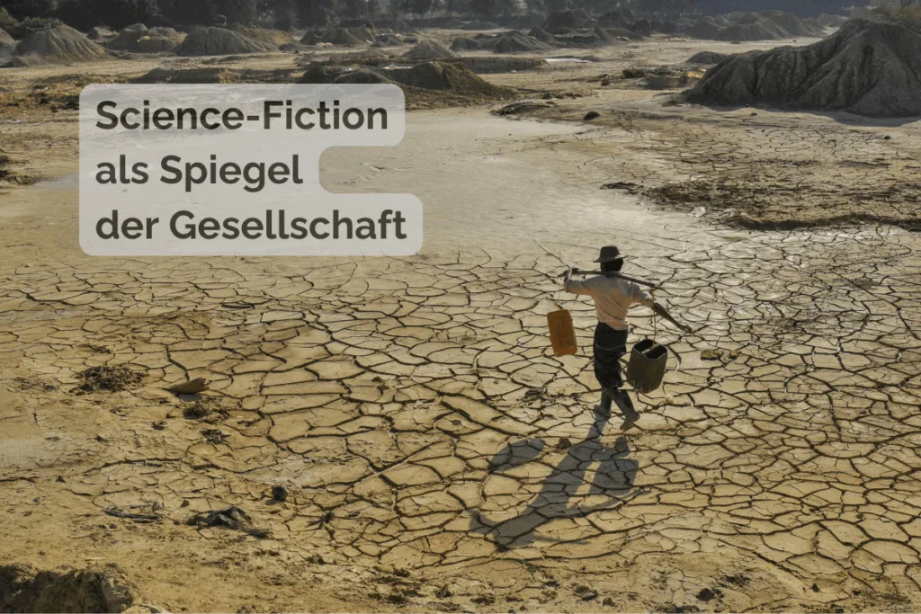 Person mit Eimern auf rissiger, ausgetrockneter Erde – Symbol für Umweltzerstörung, Ressourcenknappheit und gesellschaftliche Verantwortung in der Science-Fiction.