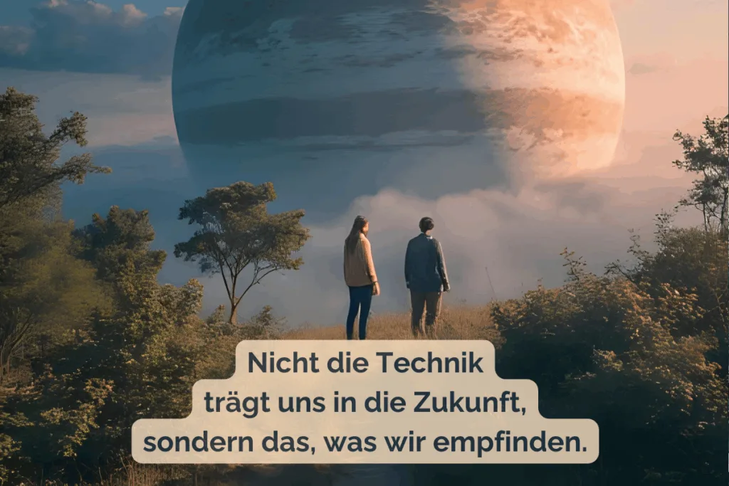 Zwei Menschen blicken auf einen riesigen Planeten am Himmel. Das Bild symbolisiert Emotionen in der Science-Fiction und die Verbindung zwischen Technik und Menschlichkeit. Darunter steht der Satz: „Nicht die Technik trägt uns in die Zukunft, sondern das, was wir empfinden.“