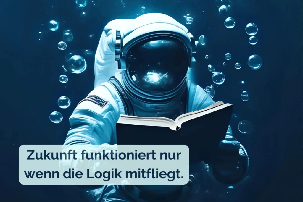 Ein Astronaut liest unter Wasser in einem geöffneten Buch. Luftblasen steigen um ihn herum auf. Das Bild symbolisiert Logikfehler in Science-Fiction-Geschichten und steht für das Thema „Typische Fehler beim Schreiben von Science-Fiction“.