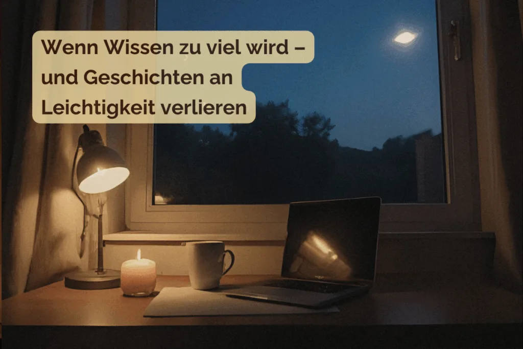 Warm beleuchteter Schreibtisch bei Nacht mit Laptop, Kerze und Lampe. Durch das Fenster ist ein stiller Nachthimmel mit einem kleinen leuchtenden UFO zu sehen.