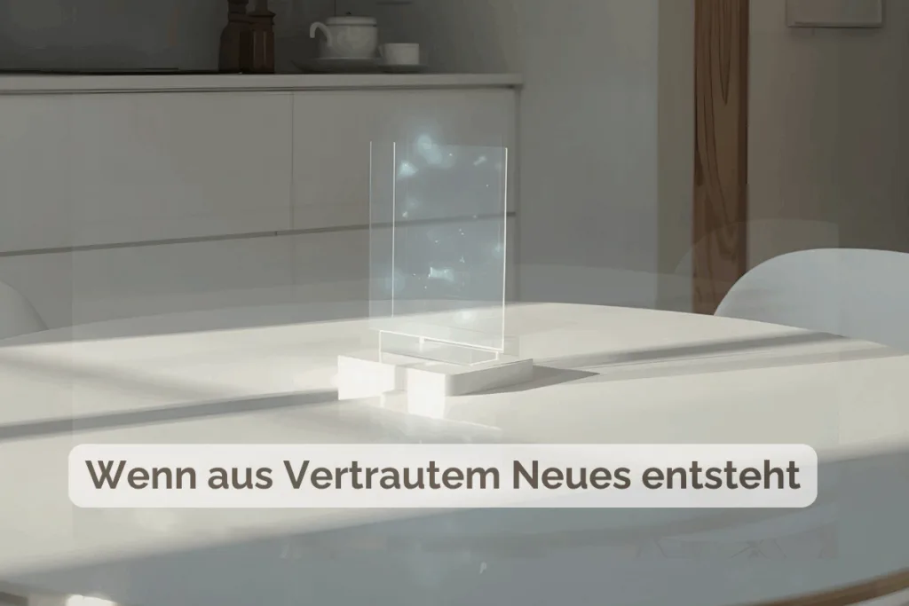 Heller Küchentisch mit einem futuristischen, transparenten Display in der Mitte. Darüber liegt der Text „Wenn aus Vertrautem Neues entsteht“.