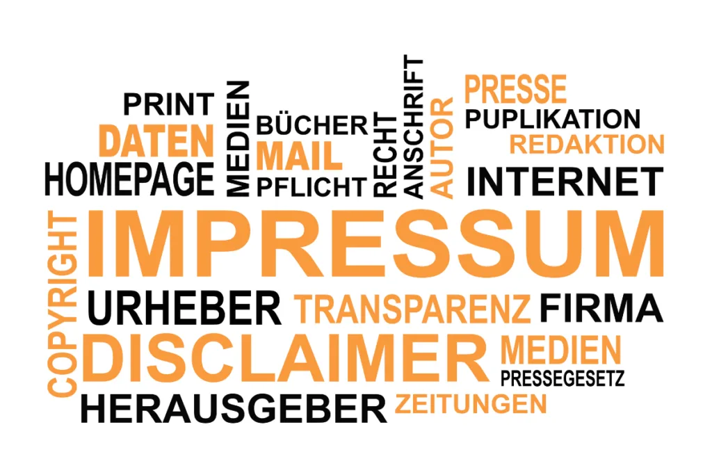 Wortwolke zum Thema Impressum mit Begriffen wie Impressum, Urheberrecht, Disclaimer, Transparenz und Internet